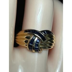 Vintage 14k solid yellow gold genuine blue sapphire wide band ring fine jewelry